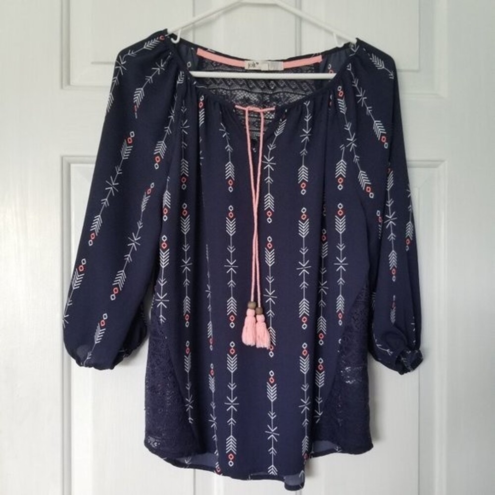 ❤️ SALE Jolt Women's Blouse Small Blue Arrows Tassels